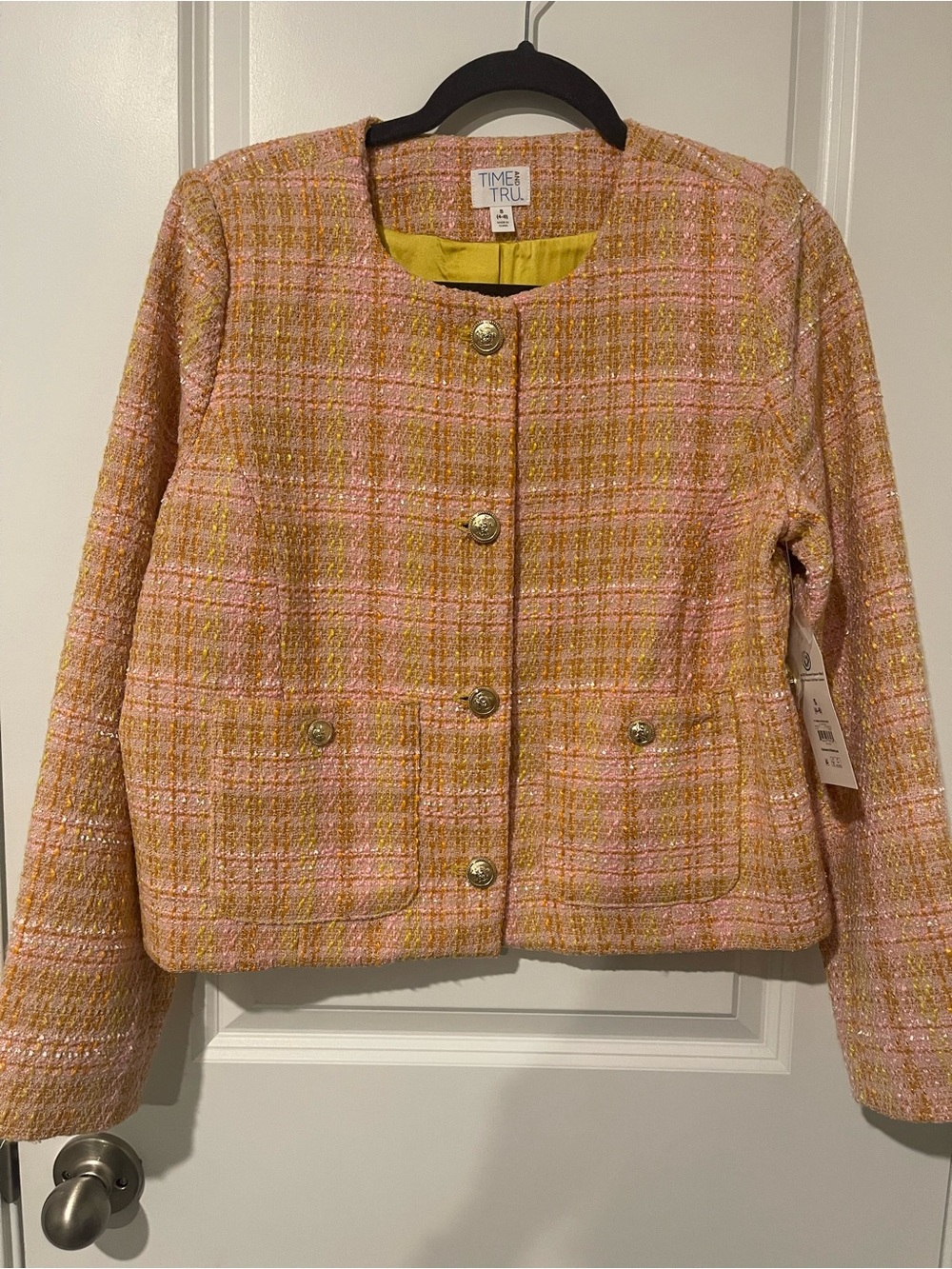 Time and Tru Pink and Gold Tweed Collarless Jacket